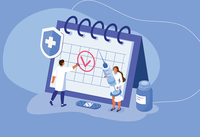 Une illustration de deux médecins à côté d'un calendrier surdimensionné ;  l'un d'eux tient une seringue surdimensionnée, et il y a des flacons et des bandages à proximité.